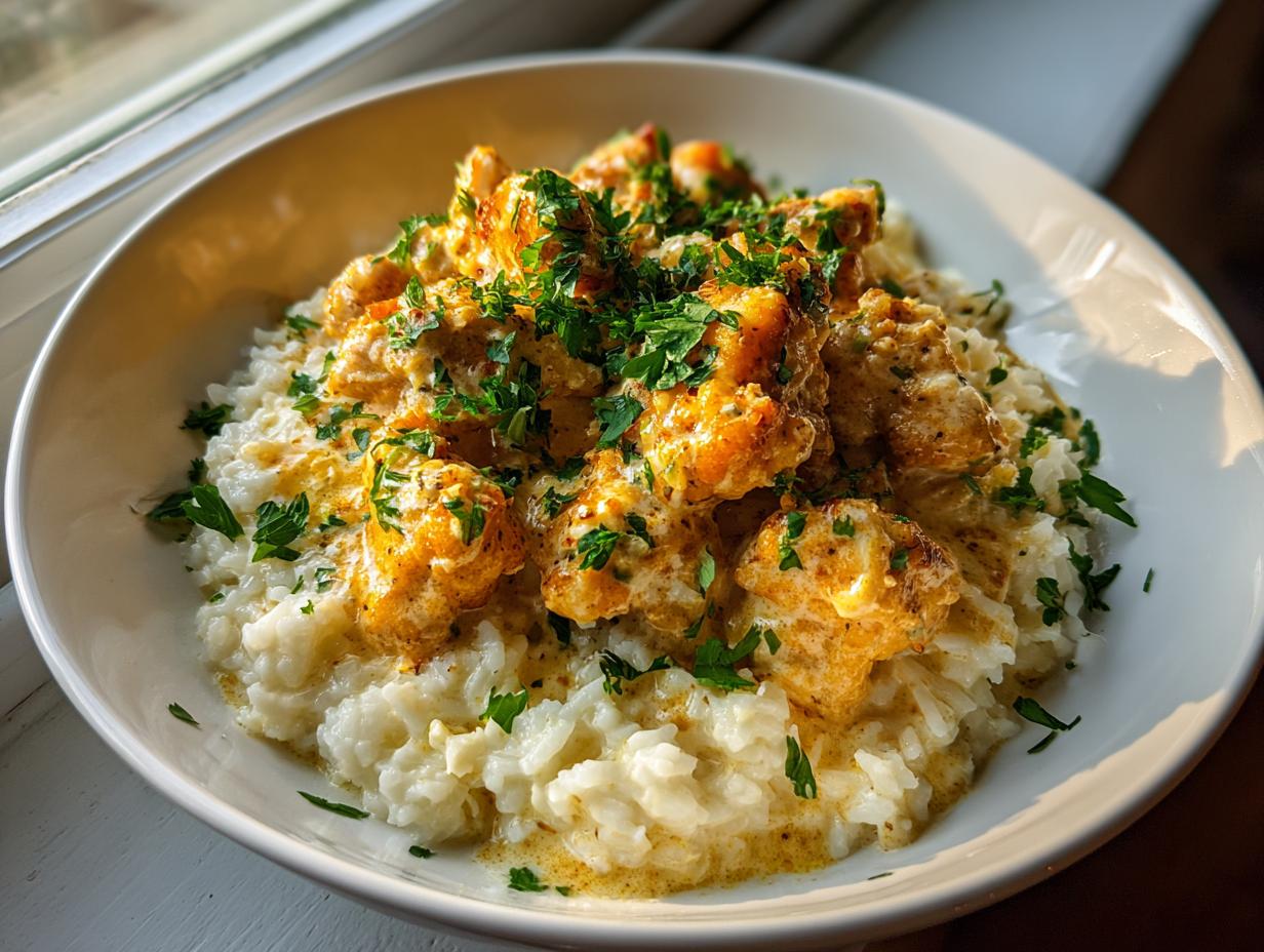 A close-up of creamy chicken scampi served over garlic parmesan rice, garnished with fresh parsley.