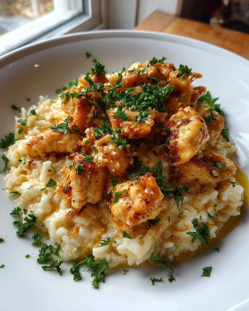 Close-up of chicken scampi pieces served over creamy garlic parmesan rice, garnished with fresh parsley.