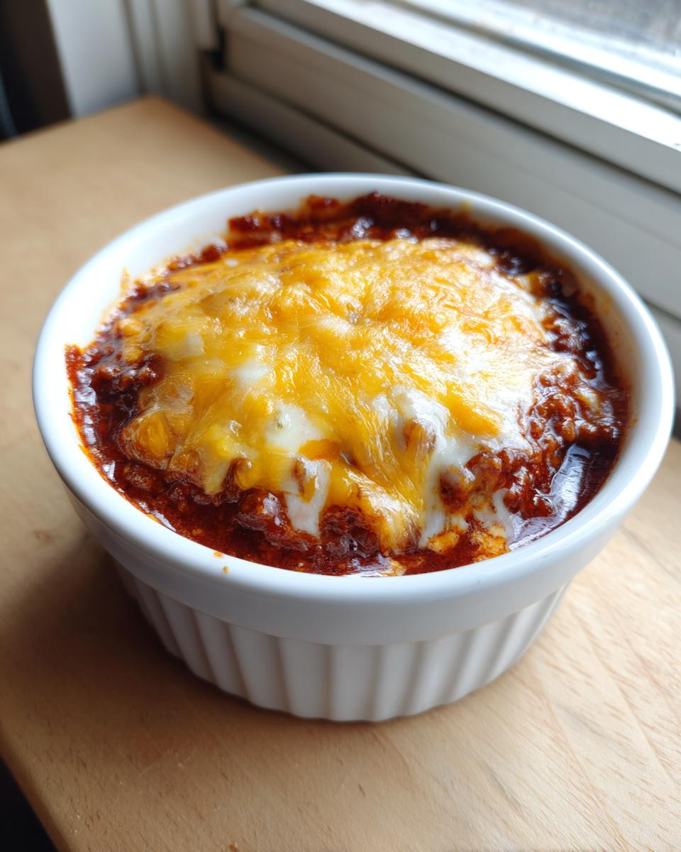 Close-up of hot chili cheese dip topped with bubbly, melted cheddar and Monterey Jack cheese in a white ramekin.