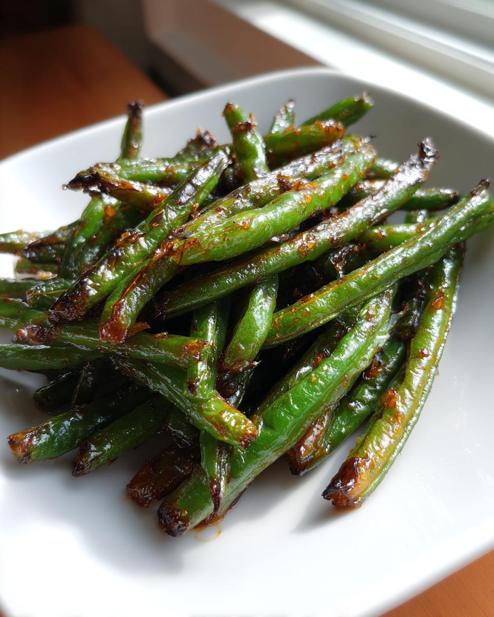 A close-up of vibrant, blistered chinese green beans with garlic sauce piled high on a white dish.