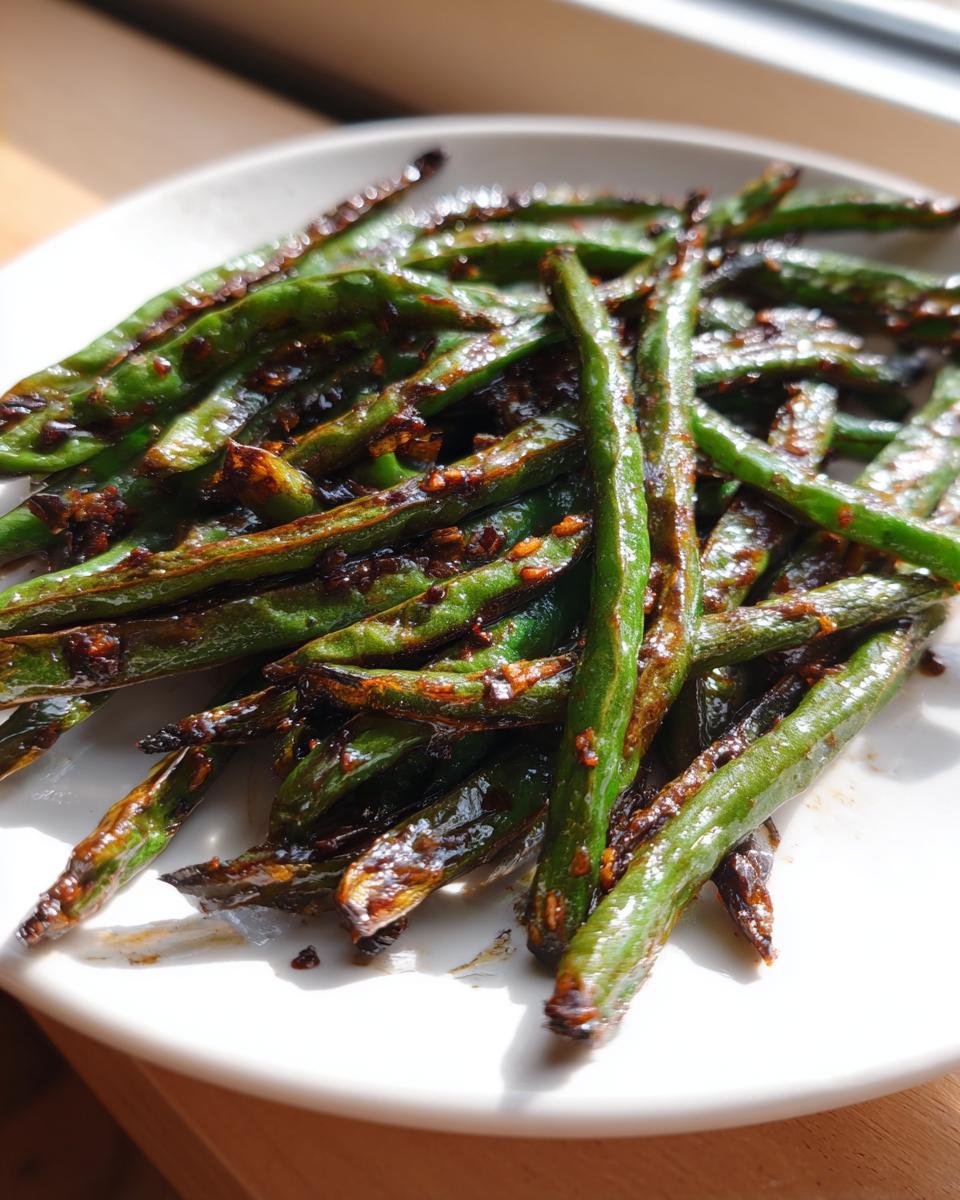 A close-up of blistered, glossy chinese green beans with garlic sauce piled on a white plate.