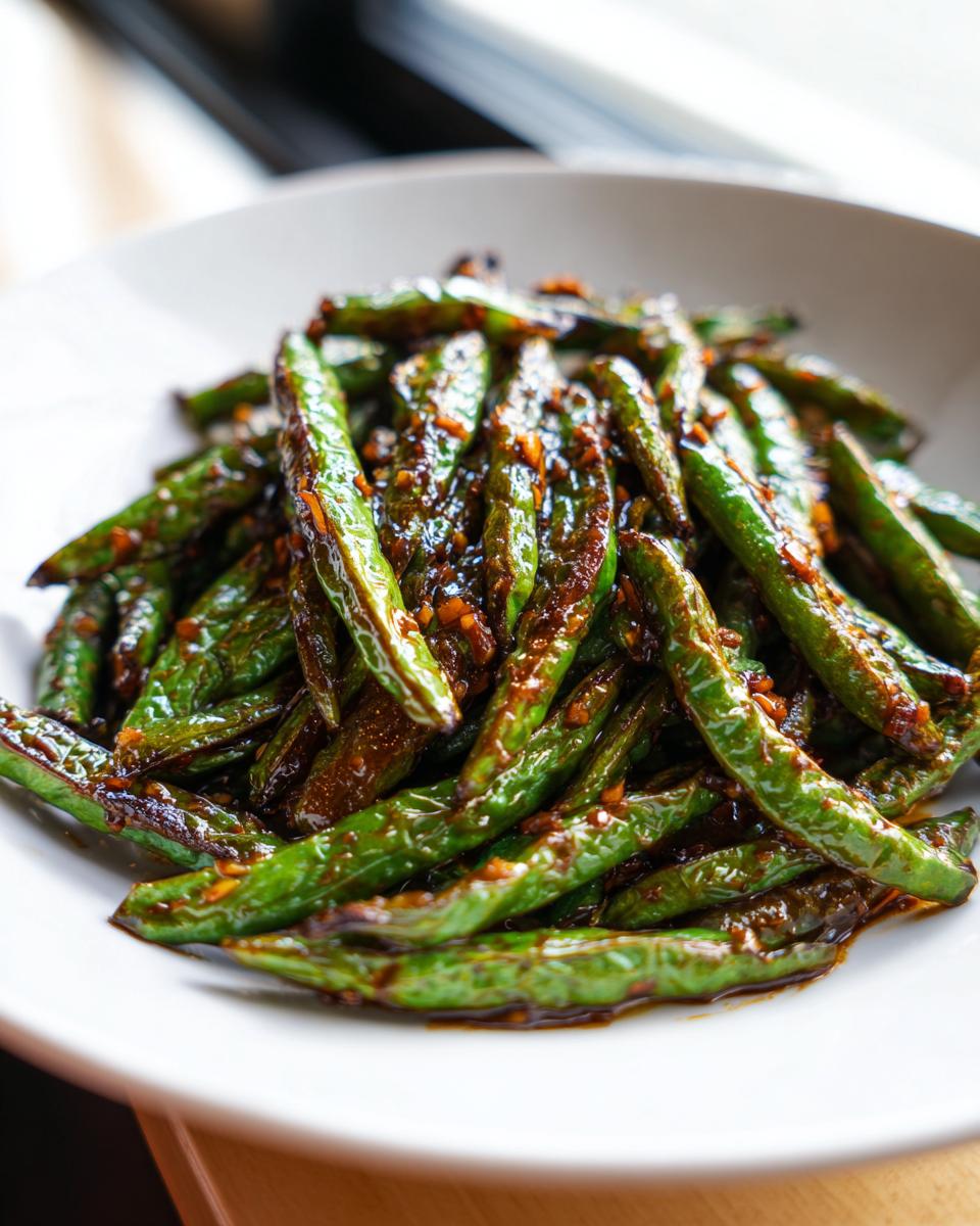 A close-up of vibrant, blistered chinese green beans with garlic sauce piled high on a white plate.