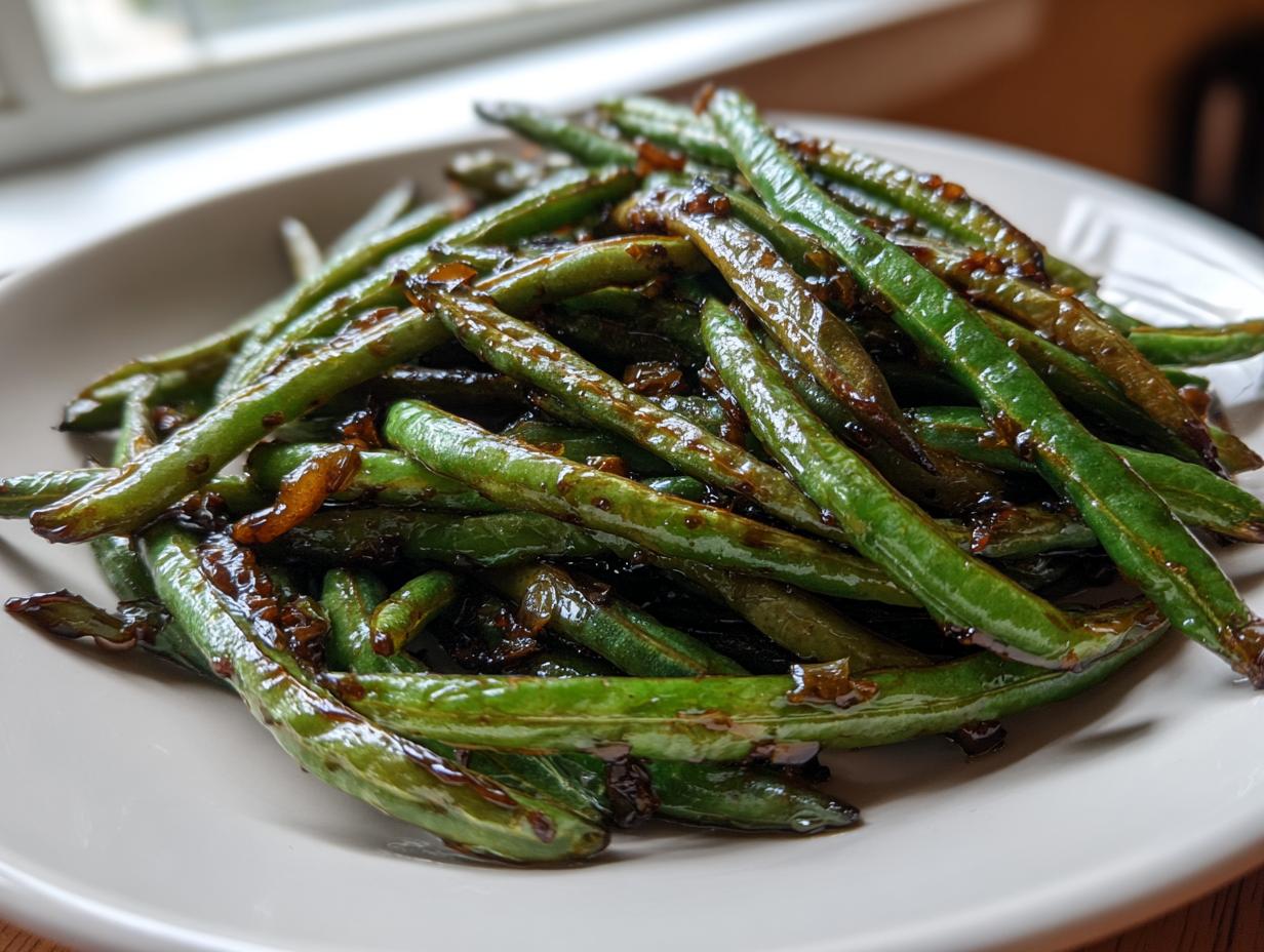 A close-up of vibrant, glossy chinese green beans with garlic sauce piled on a light-colored plate.