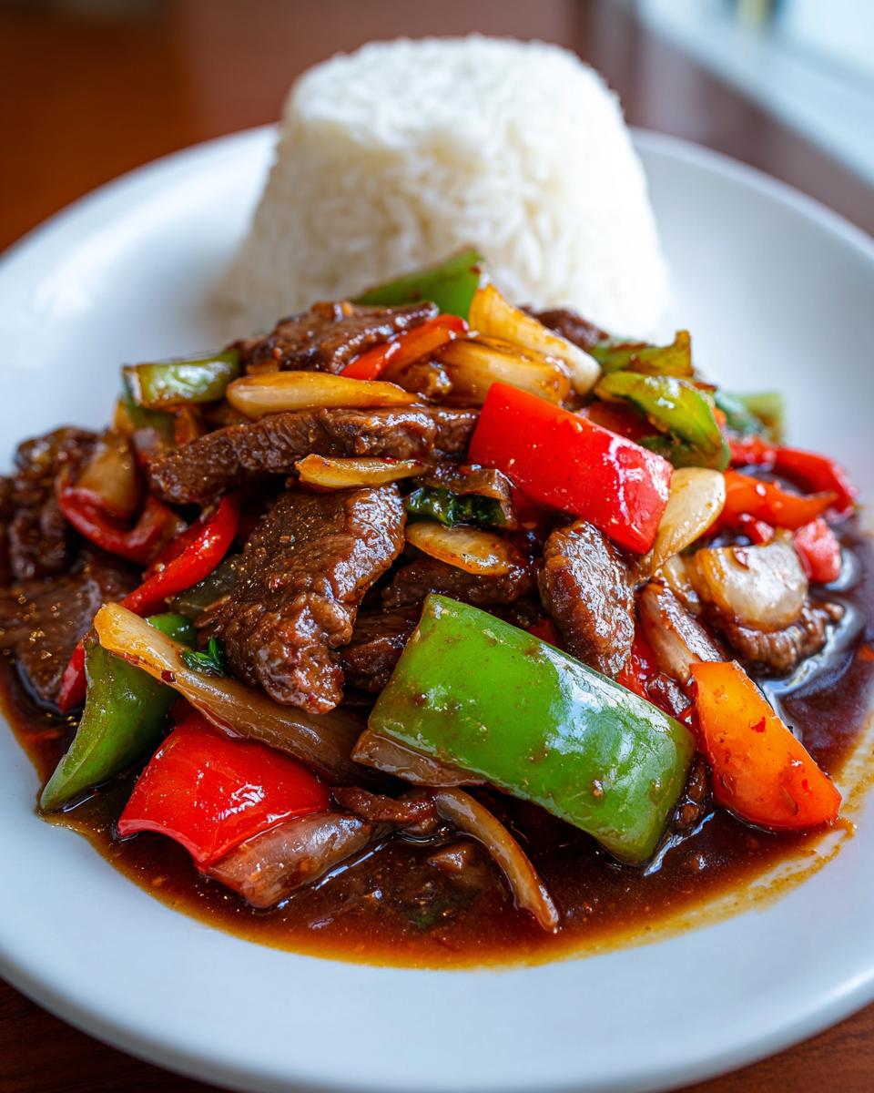 Close-up of Chinese pepper steak featuring beef strips, red and green bell peppers, and onions in a savory sauce, served with a side of white rice.