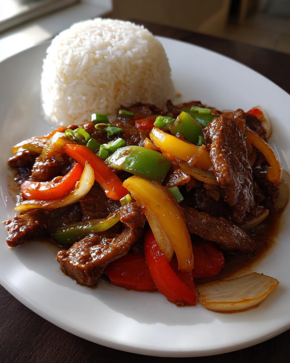 A serving of flavorful Chinese pepper steak with colorful bell peppers and onions, alongside a mound of white rice.