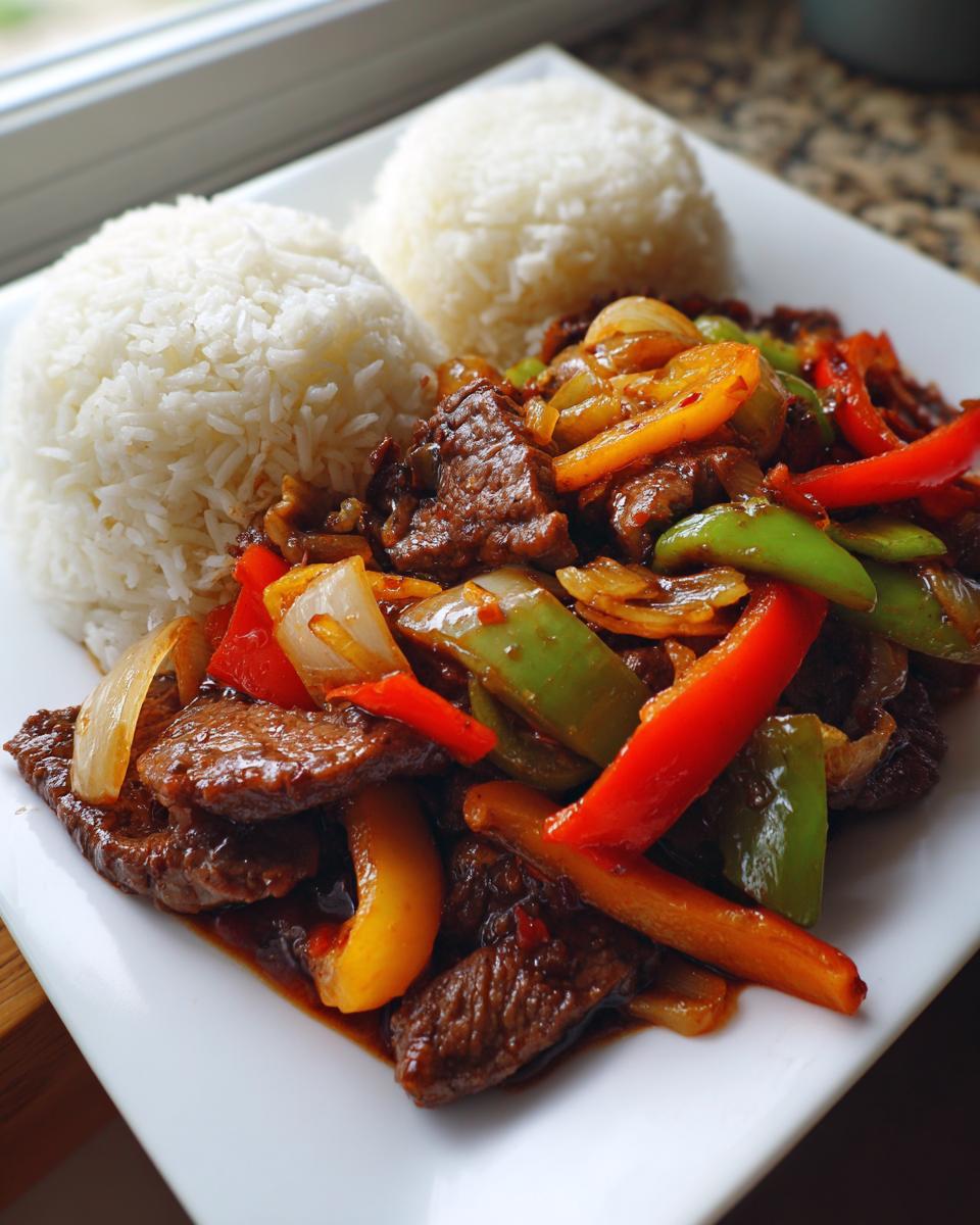 A close-up of a serving of Chinese pepper steak with colorful bell peppers and onions, served alongside two scoops of white rice.