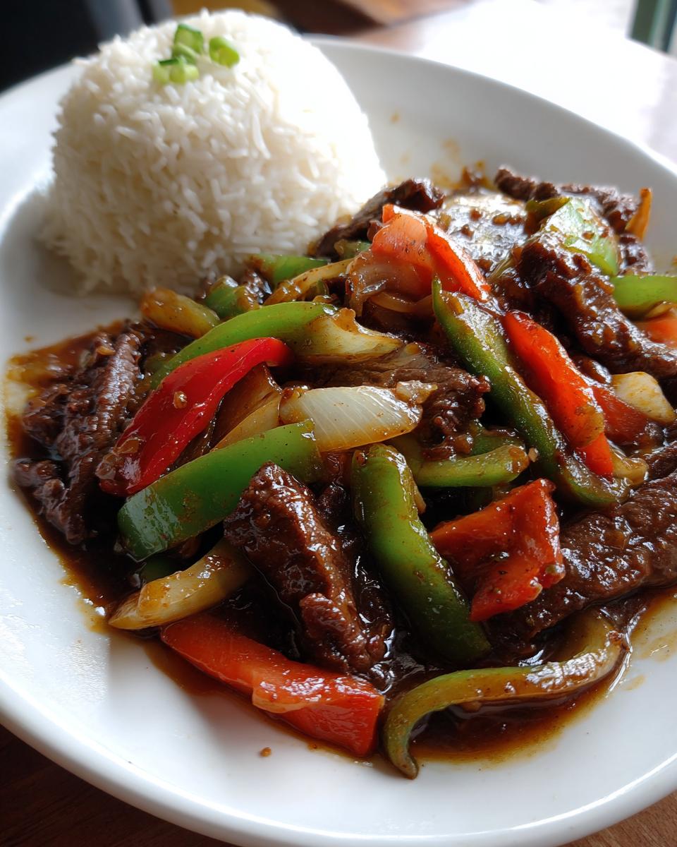 Close-up of a plate featuring rich Chinese pepper steak with green peppers, red peppers, onions, and a side of steamed white rice.