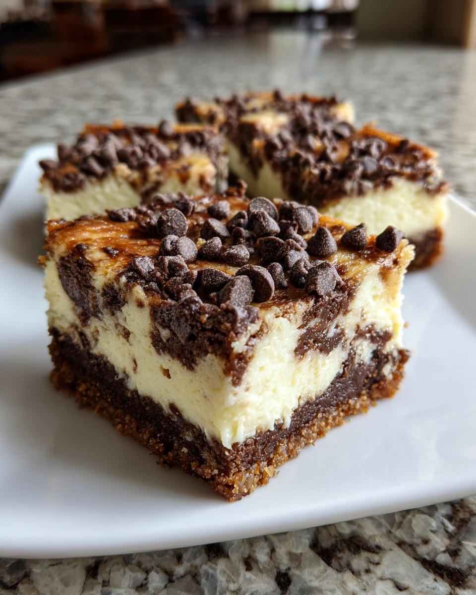 A close-up of a square slice of chocolate chip cheesecake bar, topped generously with mini chocolate chips.