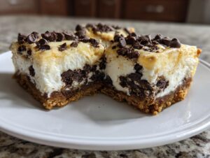 Two squares of rich chocolate chip cheesecake bars with a graham cracker crust, topped with mini chocolate chips.