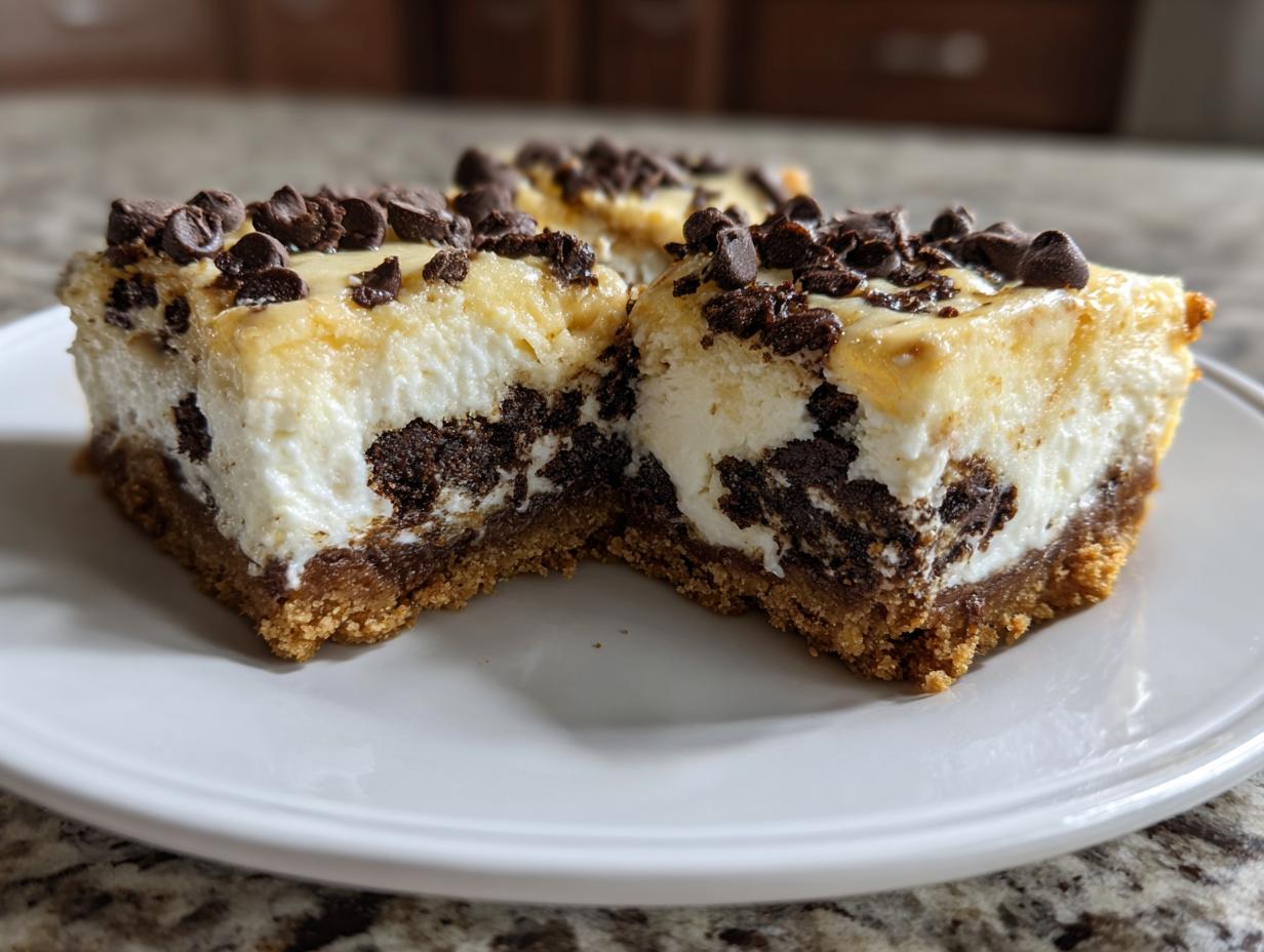 Two squares of rich chocolate chip cheesecake bars with a graham cracker crust, topped with mini chocolate chips.