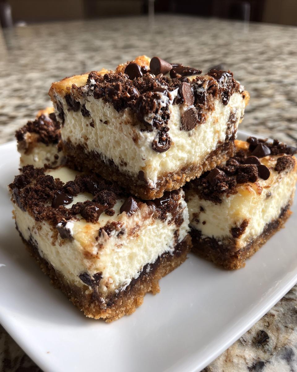 Close-up of stacked chocolate chip cheesecake bars with a thick crust and chocolate crumble topping.