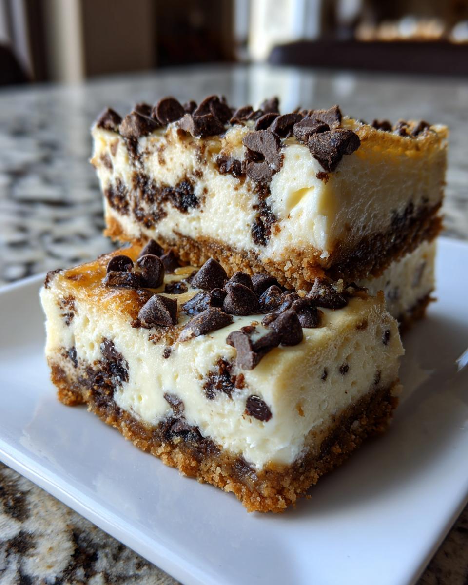 Two stacked slices of rich chocolate chip cheesecake bars with a graham cracker crust and topped with mini chocolate chips.