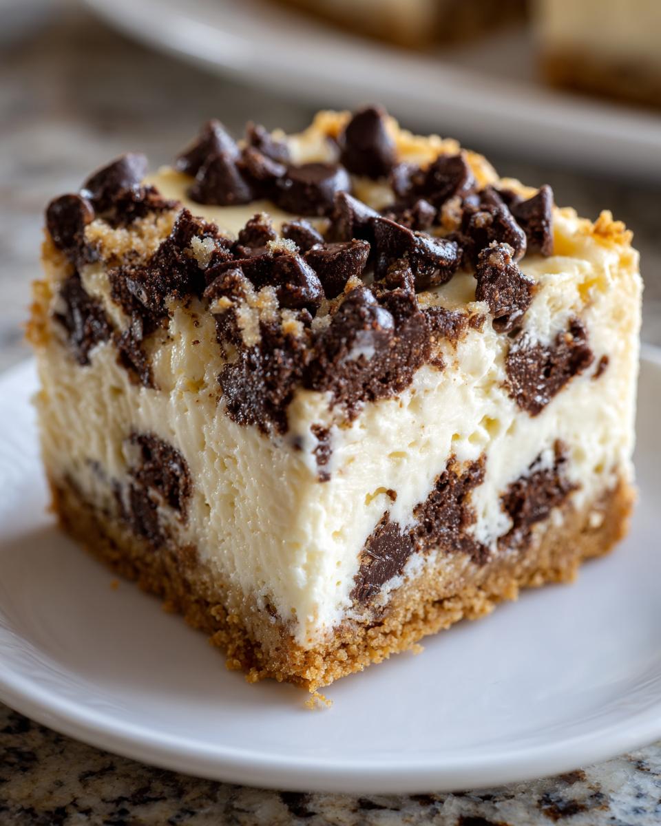A close-up of a rich slice of chocolate chip cheesecake with a graham cracker crust and chocolate chips on top.