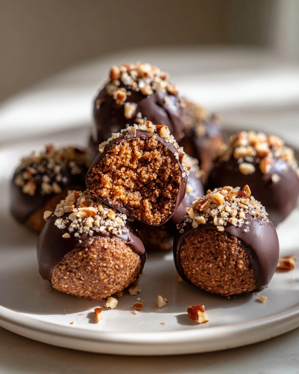 A close-up of several rich, brown pecan pie balls dipped in dark chocolate and topped with chopped pecans.