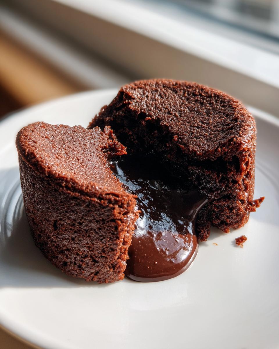 Close-up of a rich chocolate lava cake cut open, revealing the gooey, molten center spilling onto a white plate.
