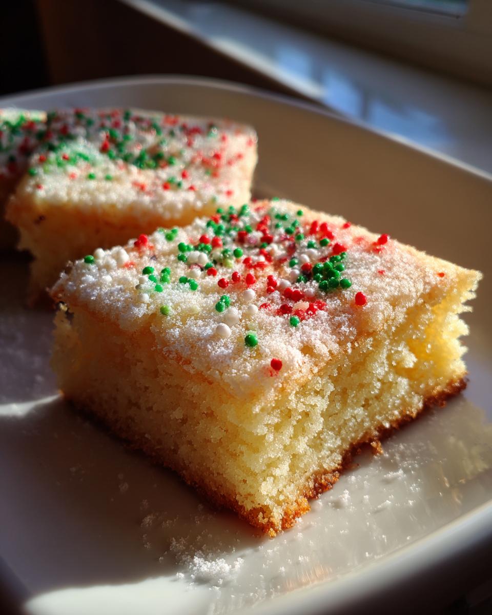Close-up of a square slice of Christmas gooey butter cookies topped with powdered sugar and red/green sprinkles.