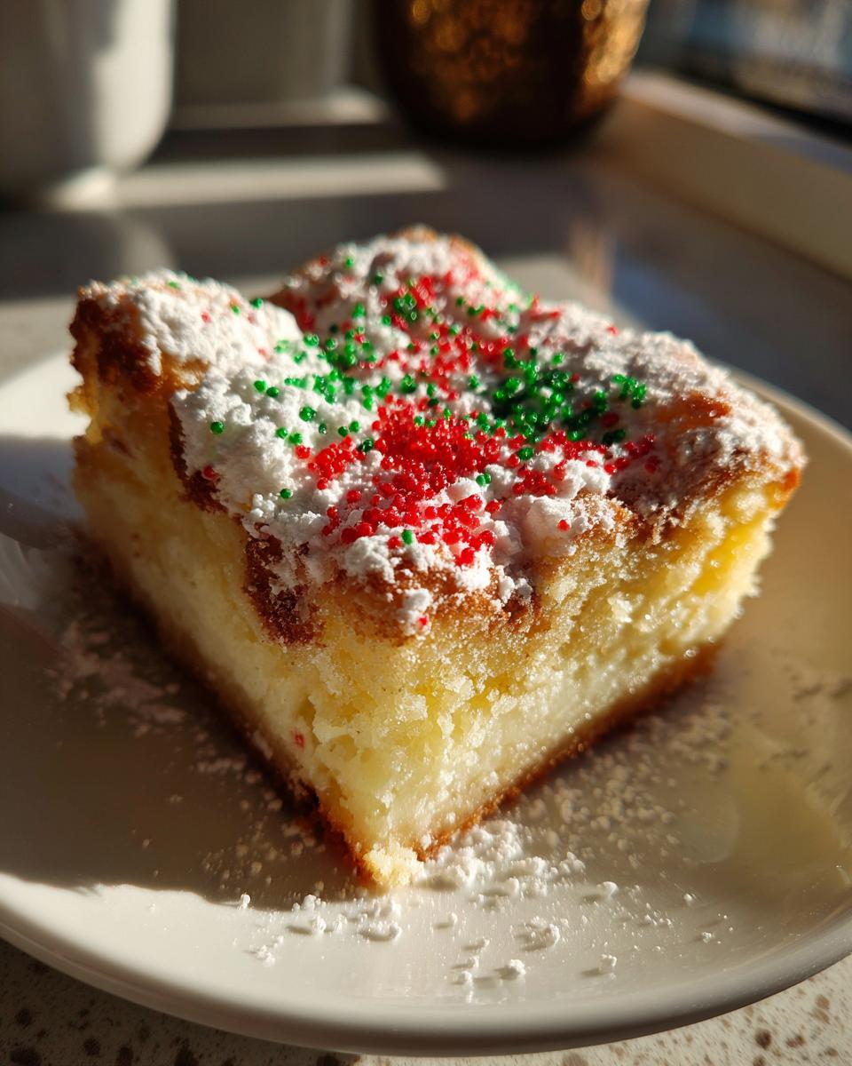 A square slice of Christmas gooey butter cookies topped with powdered sugar and red and green sprinkles.