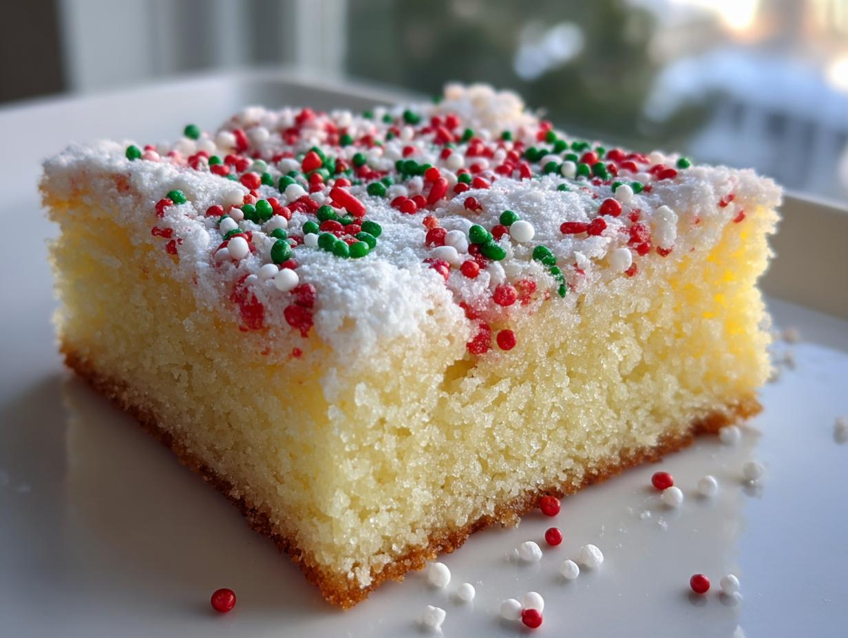 A close-up of a square slice of Christmas gooey butter cookies topped with white frosting and red, green, and white holiday sprinkles.