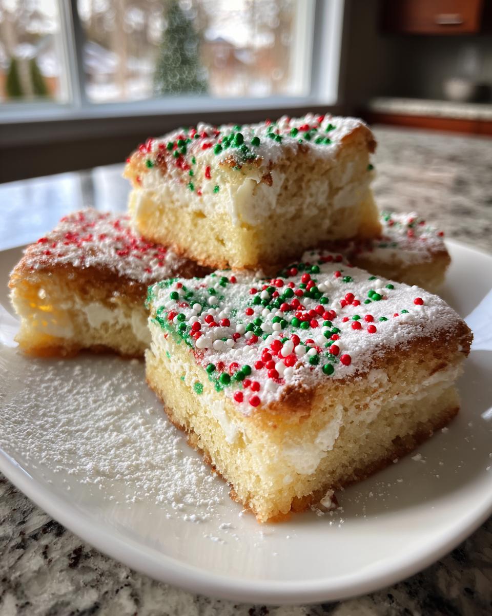 Four squares of Christmas gooey butter cookies layered with cream cheese filling and topped with red, green, and white sprinkles.