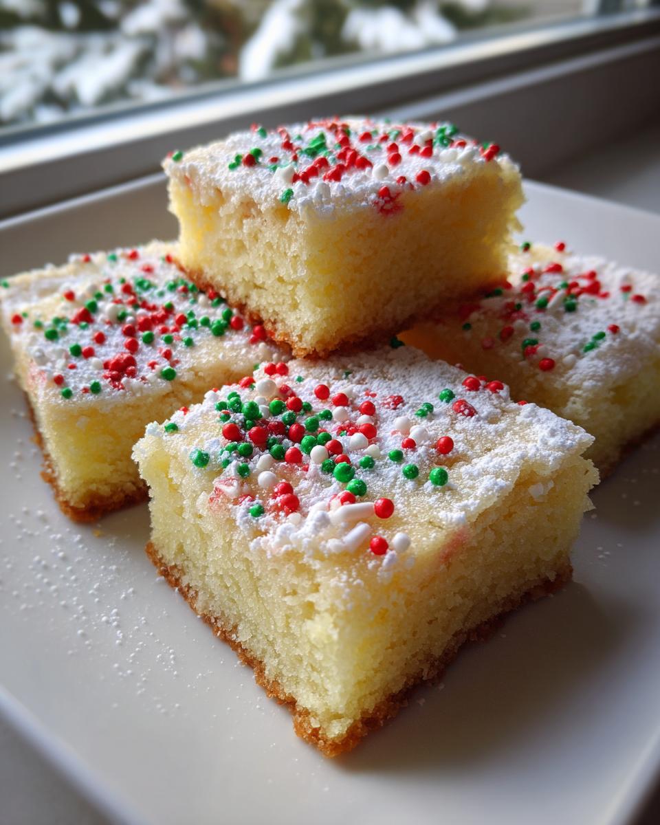 Four squares of Christmas gooey butter cookies topped with powdered sugar and red, green, and white sprinkles.