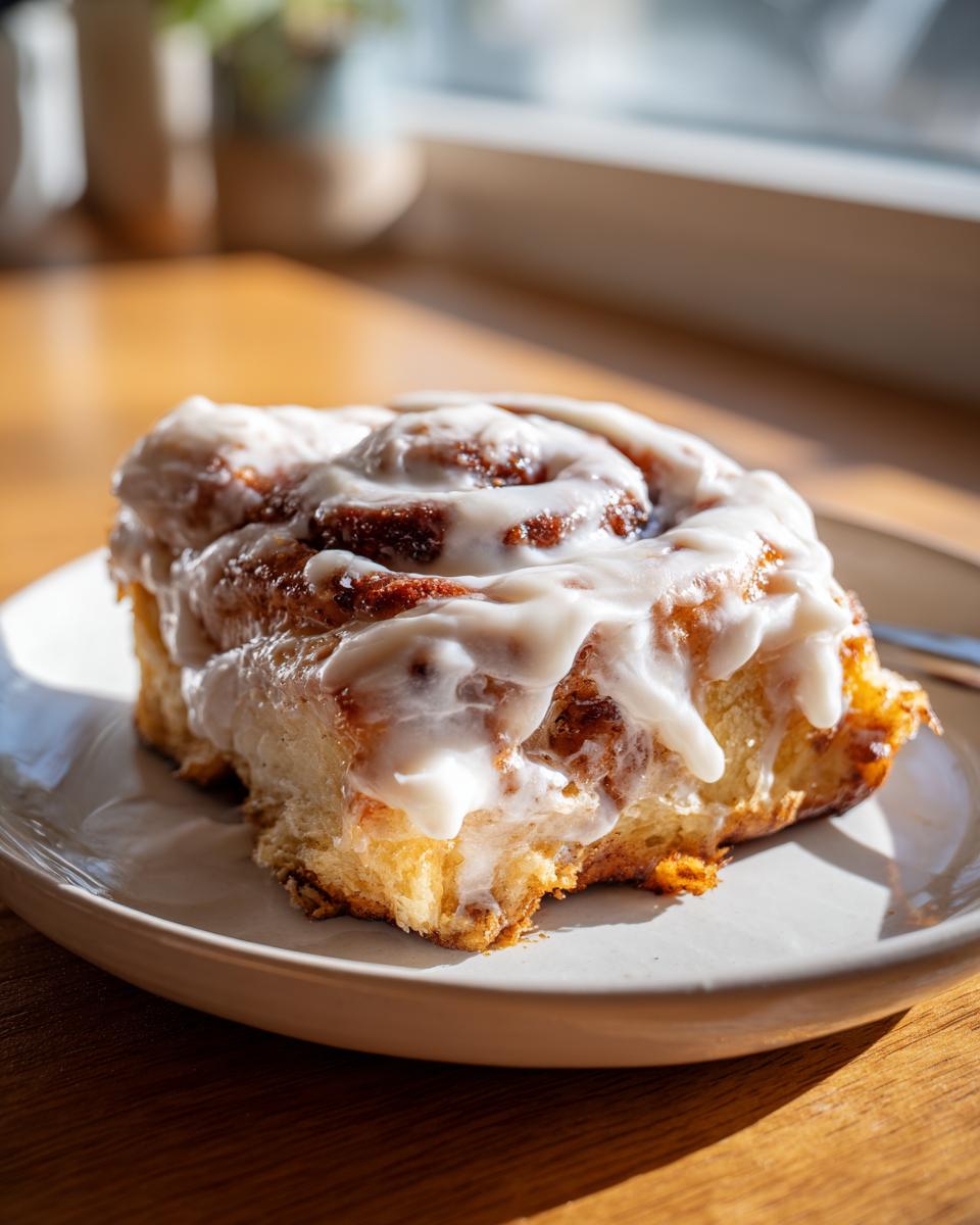 A close-up of a single, freshly baked cinnamon roll with thick white icing, perfect for cinnamon rolls with heavy cream.