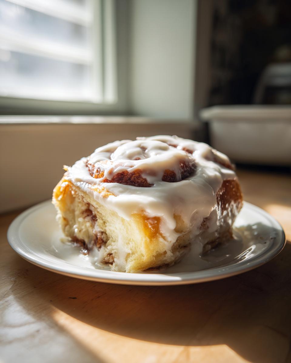 A single, freshly baked cinnamon roll with thick white icing, served on a white plate, highlighting the texture of the cinnamon rolls with heavy cream.