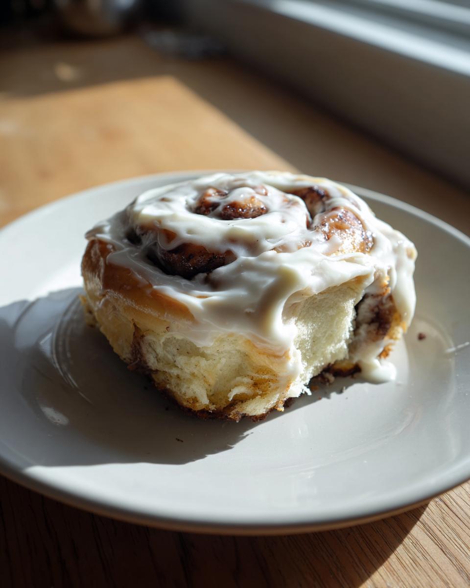 A single, fluffy cinnamon roll generously topped with white icing, sitting on a light plate, highlighting the texture of the cinnamon rolls with heavy cream.