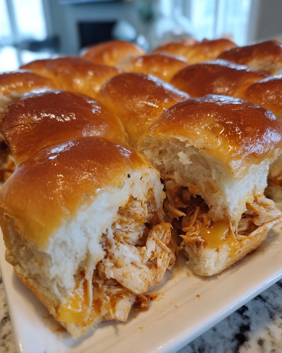 Close-up of a batch of freshly baked bbq chicken sliders, showing the shiny, glazed tops and shredded chicken filling.