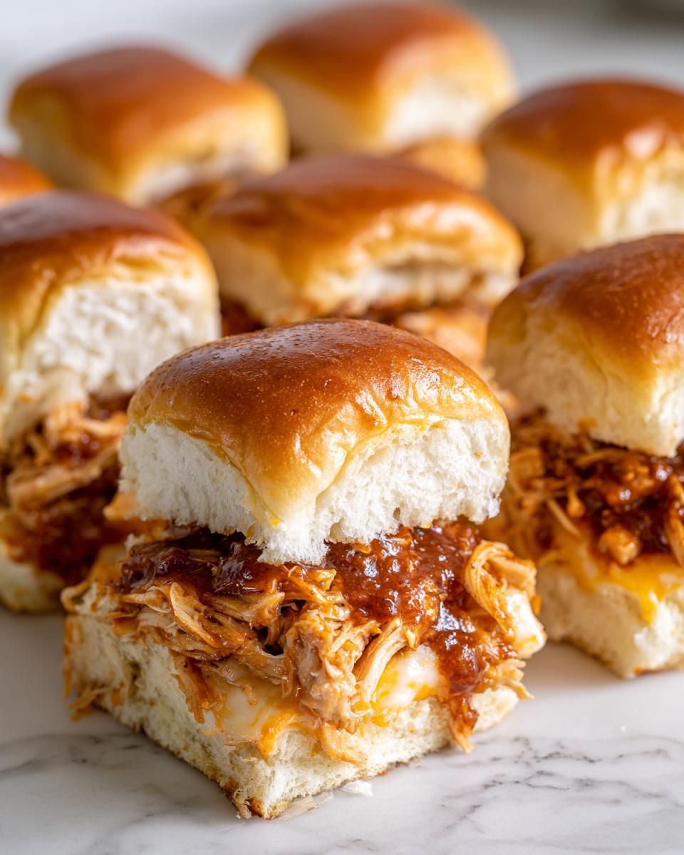 A close-up of one serving of juicy bbq chicken sliders filled with shredded meat and sauce, resting on a marble surface.