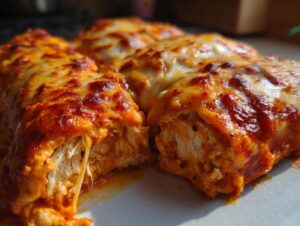 A close-up view of baked easy chicken enchiladas, showing shredded chicken filling and melted, bubbly cheese sauce.