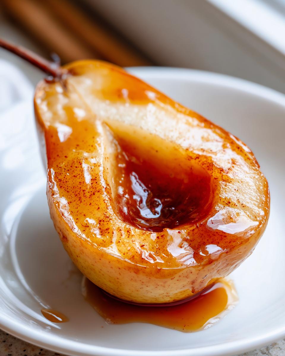 A close-up of a single, halved baked pears, glistening with a rich, caramelized glaze and sprinkled with cinnamon.