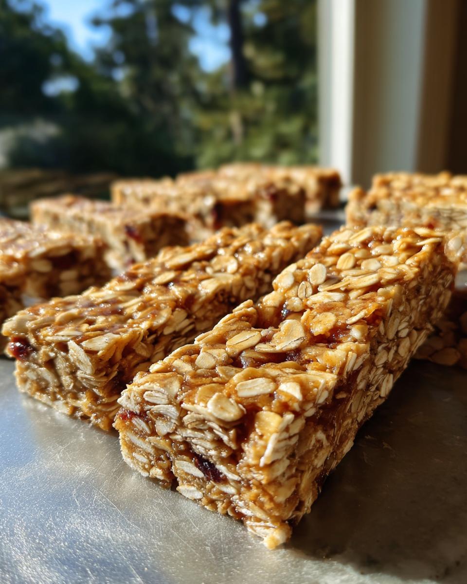 Close-up of several freshly cut no bake granola bars made with oats and a sticky binder, resting on a metal tray.