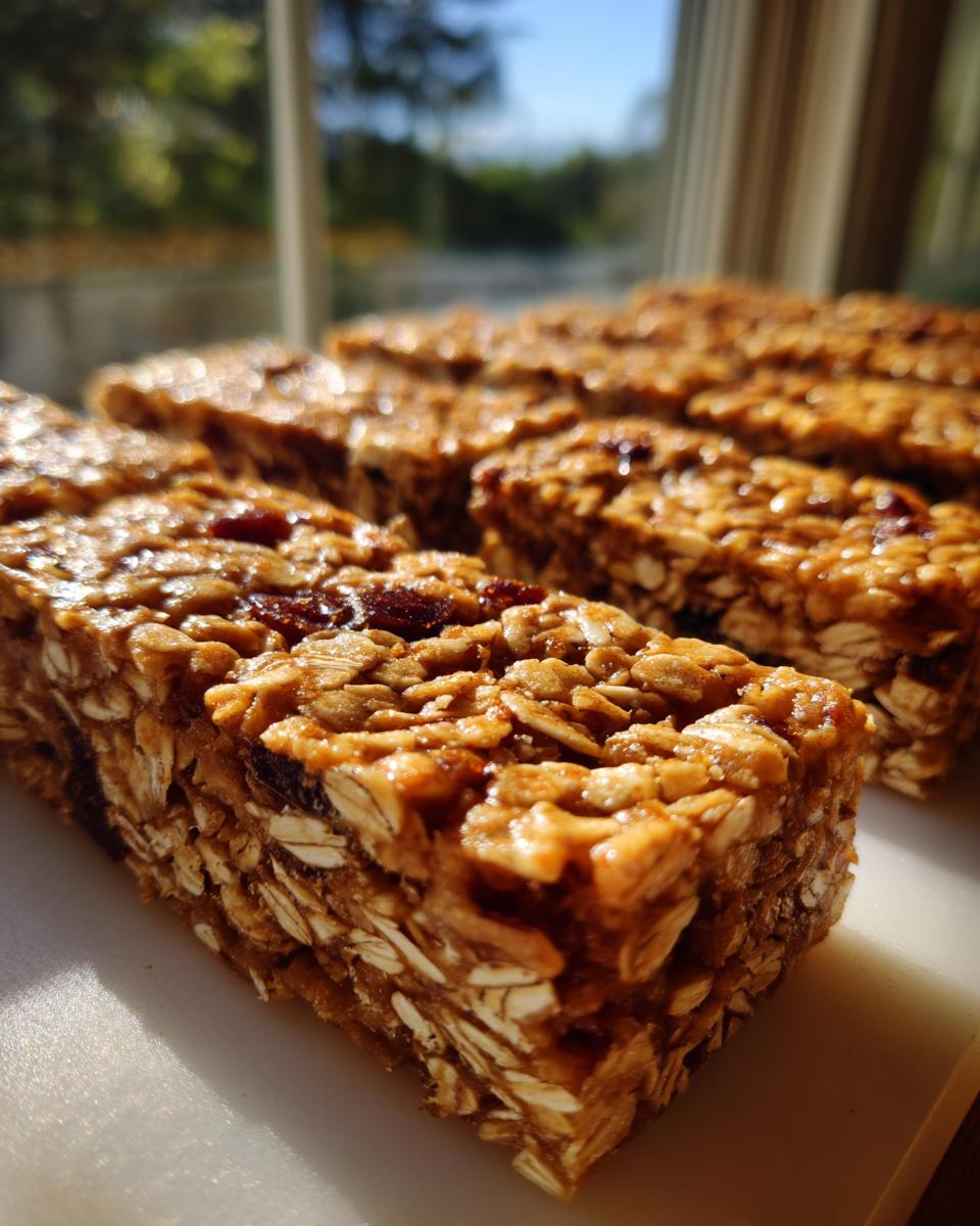 Close-up of several freshly cut no bake granola bars made with oats and dried fruit, sitting on a white surface.