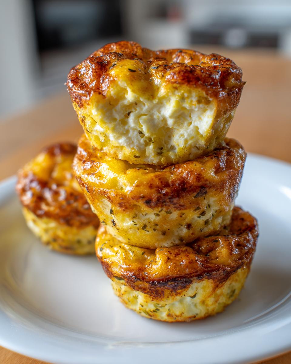 Three golden brown cottage cheese egg cups starbucks style stacked on a white plate, one with a bite taken out.
