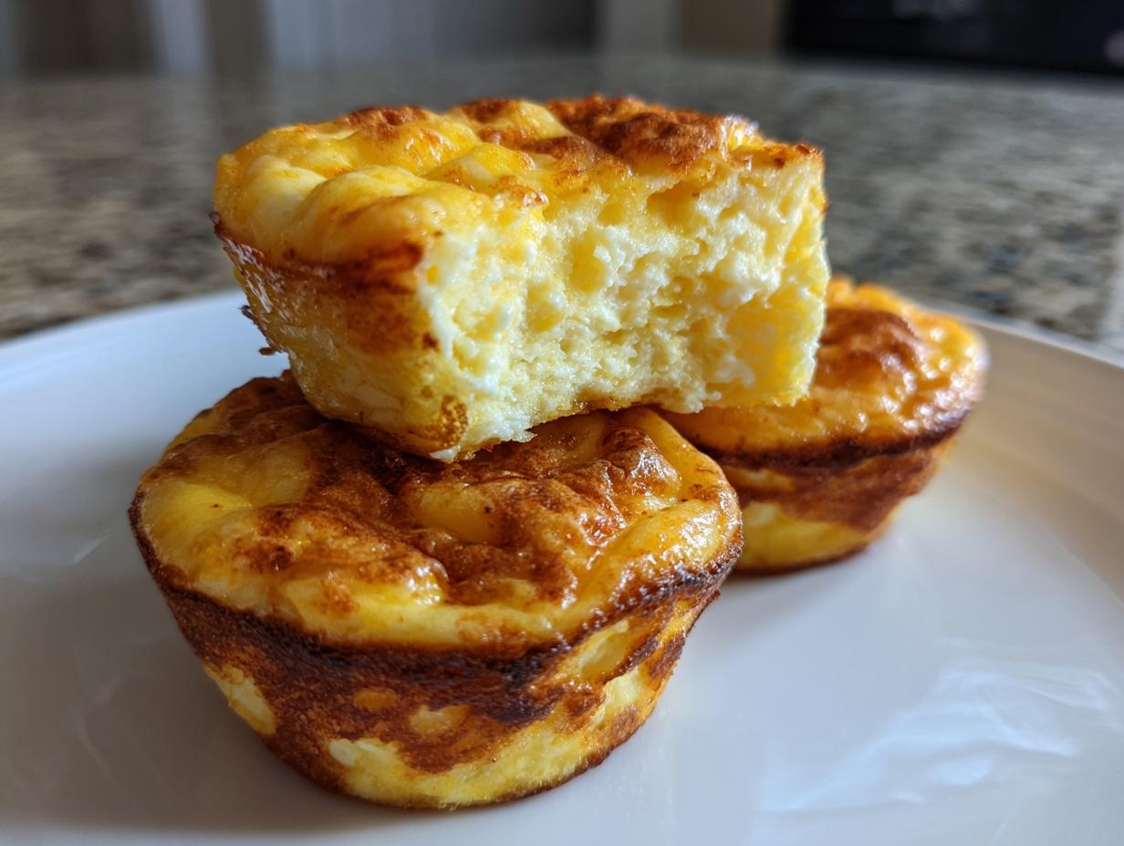 Three golden brown cottage cheese egg cups stacked, with the top one broken open to show the fluffy interior.