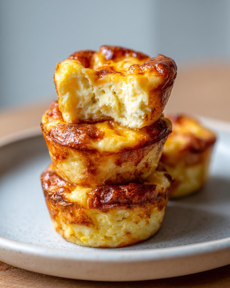 Three golden brown cottage cheese egg cups starbucks stacked on a plate, with the top one having a bite taken out.