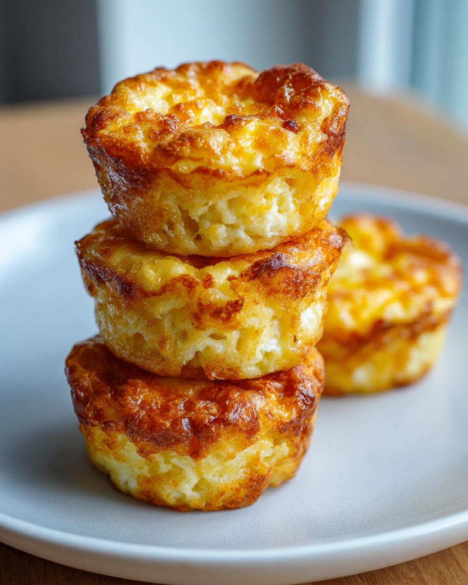 Three golden-brown cottage cheese egg cups stacked vertically on a light gray plate.