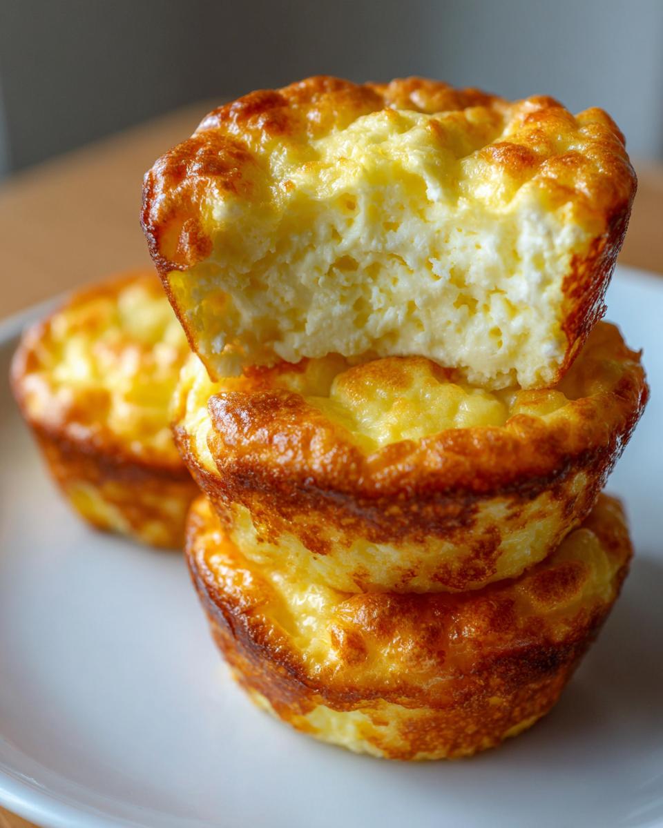 A stack of three golden-brown, fluffy cottage cheese egg cups, with the top one broken open to show the airy interior.