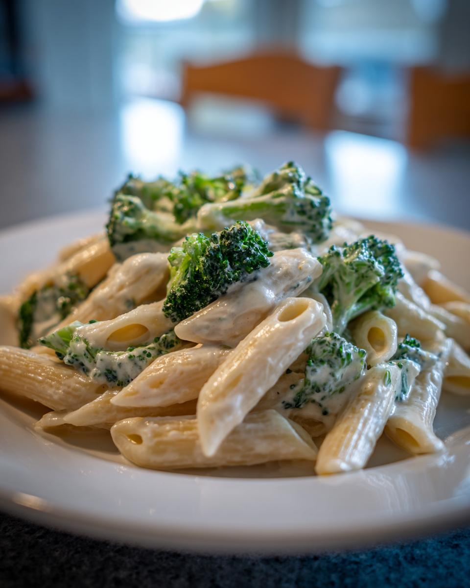 Close-up of creamy penne pasta mixed with bright green broccoli florets, a perfect serving of broccoli pasta.