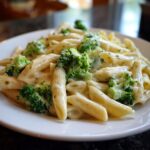 Close-up of a plate of creamy broccoli pasta made with penne, covered in a rich white sauce.