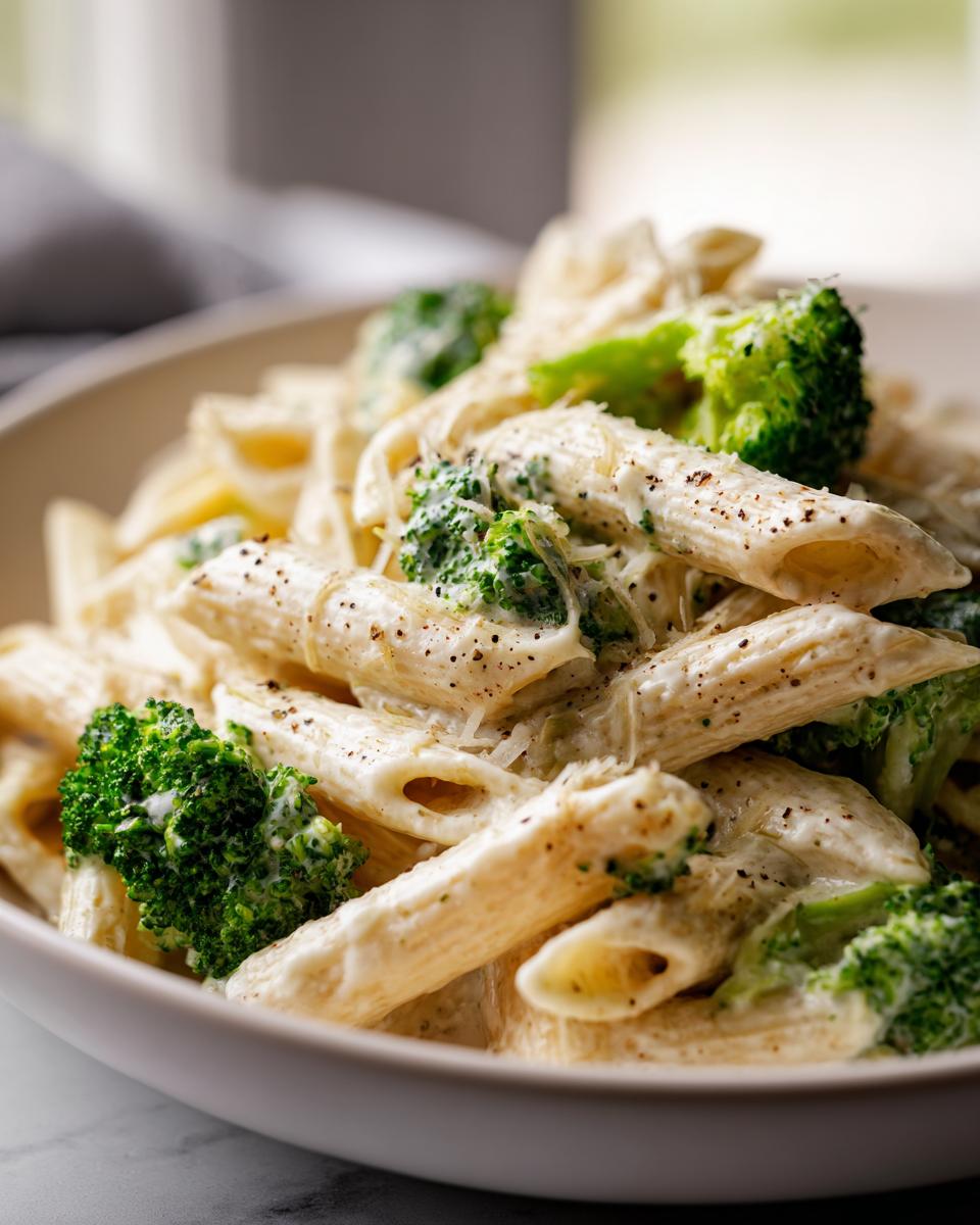 Close-up of creamy penne pasta mixed with bright green broccoli florets, seasoned with black pepper.