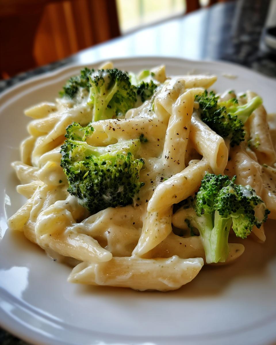 Close-up of creamy penne pasta mixed with bright green broccoli florets, seasoned with pepper, making delicious broccoli pasta.