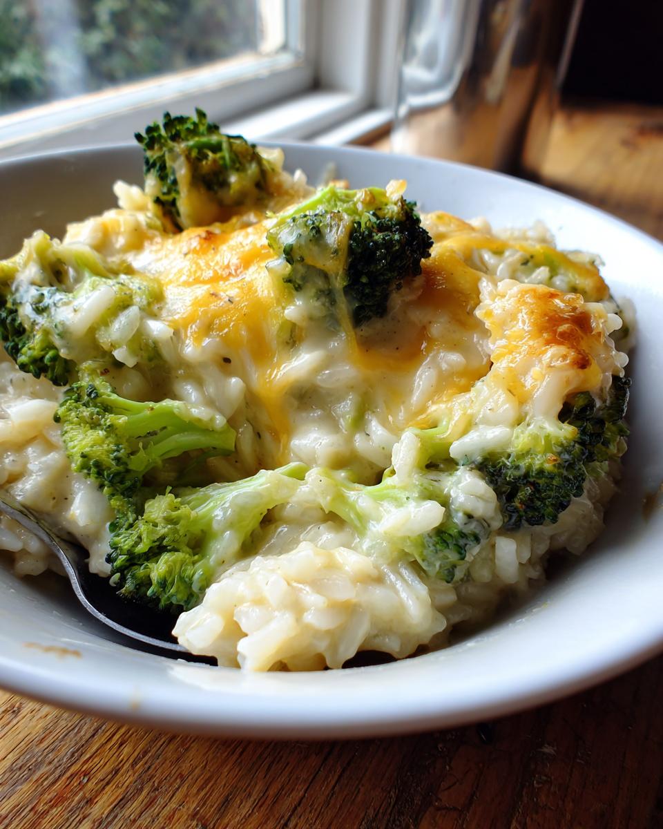 Close-up of a bowl filled with creamy broccoli rice casserole topped with melted cheddar cheese.