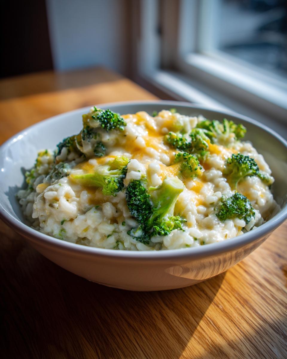 A close-up of creamy broccoli rice casserole topped with melted cheddar cheese in a white bowl.