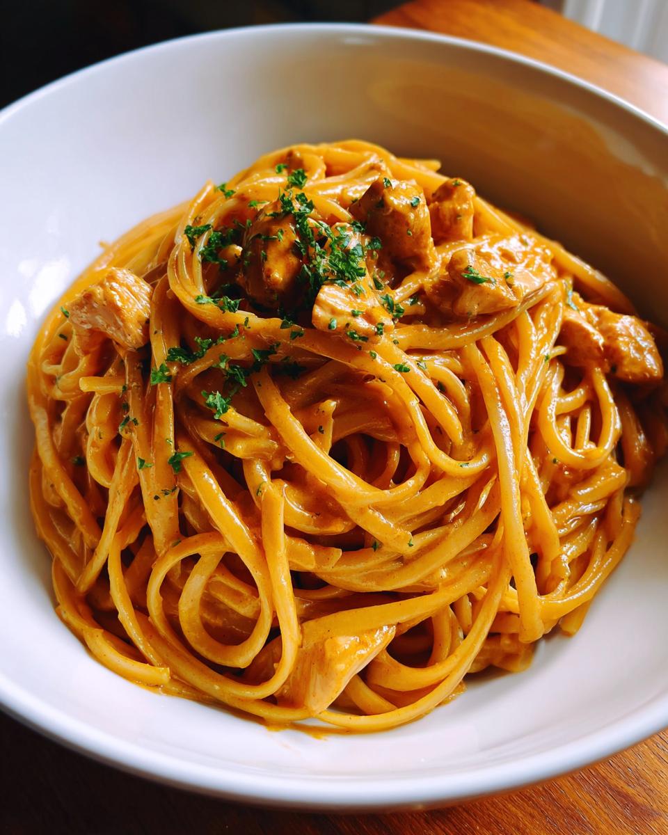 A close-up of a generous serving of creamy cajun chicken pasta, featuring linguine coated in orange sauce and topped with diced chicken and parsley.