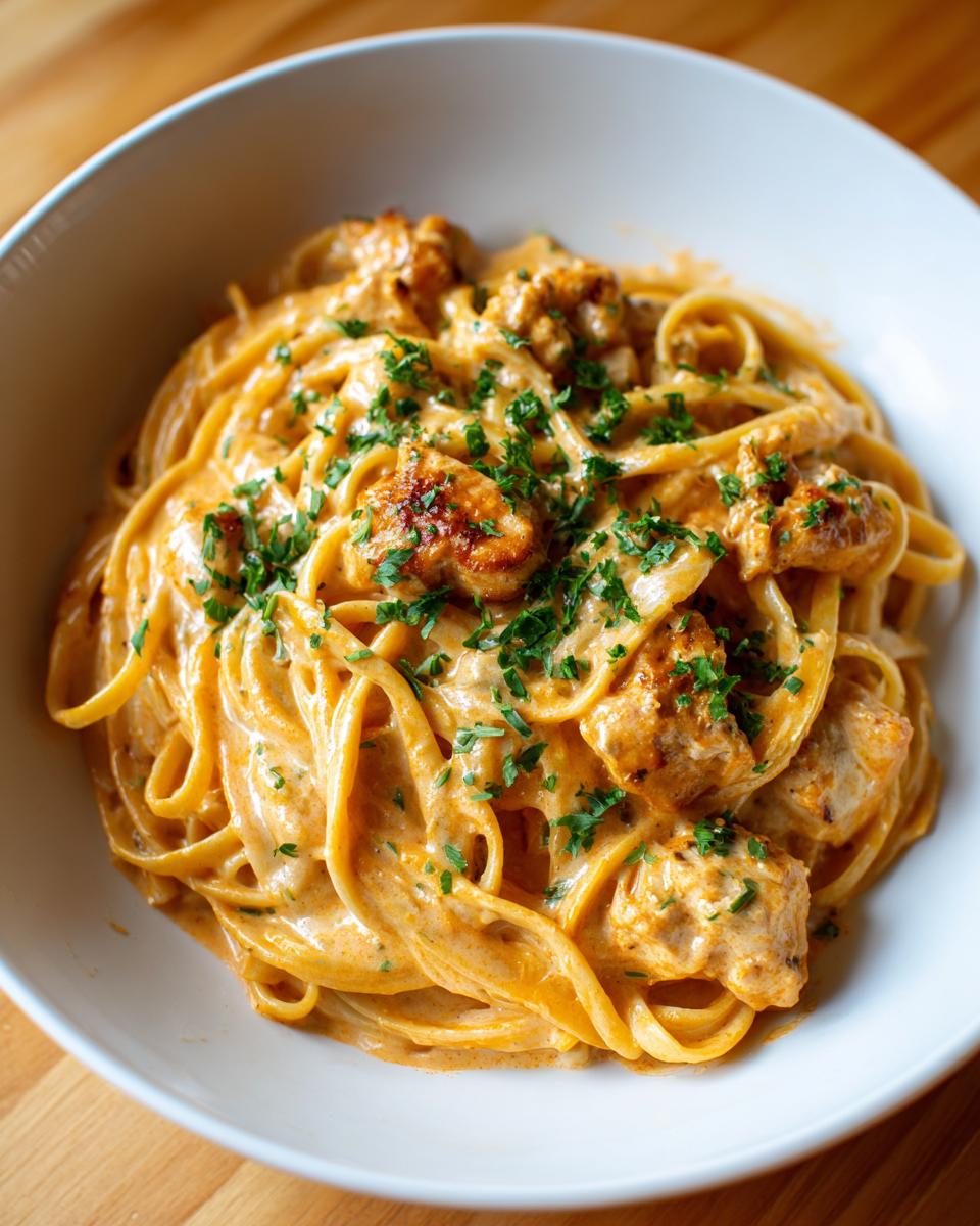 A close-up, overhead shot of creamy cajun chicken pasta featuring linguine coated in a rich orange sauce and topped with chopped parsley.