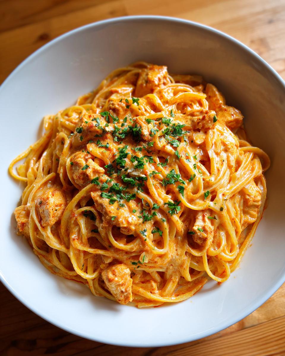 A close-up overhead shot of creamy cajun chicken pasta served in a white bowl, topped with fresh parsley.