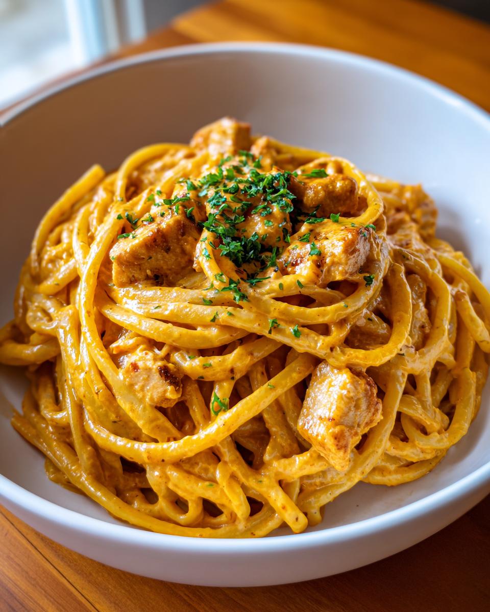 A close-up shot of creamy cajun chicken pasta tossed in a rich, orange-hued sauce and topped with chopped parsley.