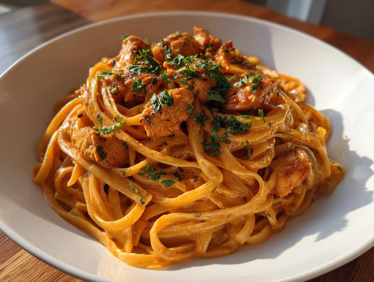 A close-up of creamy cajun chicken pasta featuring linguine tossed in a rich, orange sauce with chunks of seasoned chicken and topped with fresh parsley.