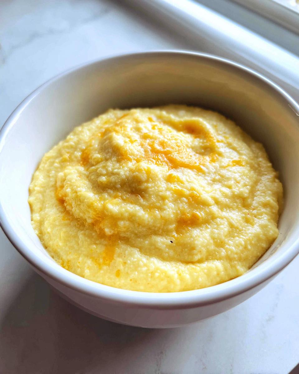 A close-up of a white bowl filled with creamy, yellow cheese grits topped with melted cheddar.
